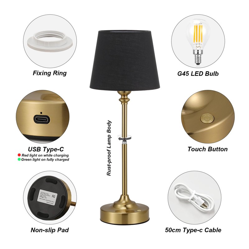 Kakanuo Cordless Table Lamps Rechargeable Set - 2 Pack Brass