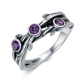 Amethyst Branch Ring for Women 925 Sterling Silver Vintage Amethyst Vine Leaf Statement Rings Cocktail Party Birthday Gifts Size 8
