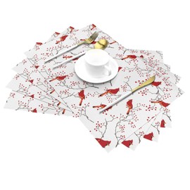 Cardinal Bird Red Berry Decor Placemats Set of 4 Linen 12x18 Inch, Decorative Table Mats for Kitchen Dining Table Heat Resistant Washable Place Mats Home Holiday Decor