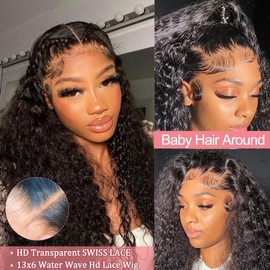 13x6 Water Wave Lace Front Wigs Human Hair Pre Plucked 180% Density Curly Lace Front Wig Wet and Wavy Human Hair Wig 10A Glueless Wear and Go Replacement Wigs Bleached Knots Natural Black 24 Inch