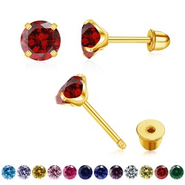 3mm Cut Solitaire Screw Back Birthstone Stud Earrings, Surgical Steel Hypoallergenic Cartilage Earrings Round Cubic Zirconia Stud Earrings (1.Jan-Garnet, Gold)