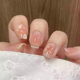 Press On Nails with Nail Glue, 3D Peach Flower Summer Cute Designed in Glue on Nails, Fake Nails, Short Square Almond Ballet Shape for Stick On Nails on 24PCS,French Rouge Flower
