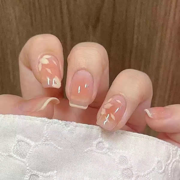 Press On Nails with Nail Glue, 3D Peach Flower Summer