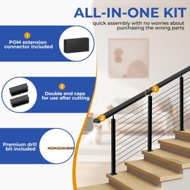 Zylorix 1Pack 6'6" Stainless Steel T304 Black Handrail for Cable Railing with Nylon End Cap Extension Connectors, 2.36" W x 1.18" H Cuttable Flat Handrail Rectangular Top Rail for Indoor Outdoor