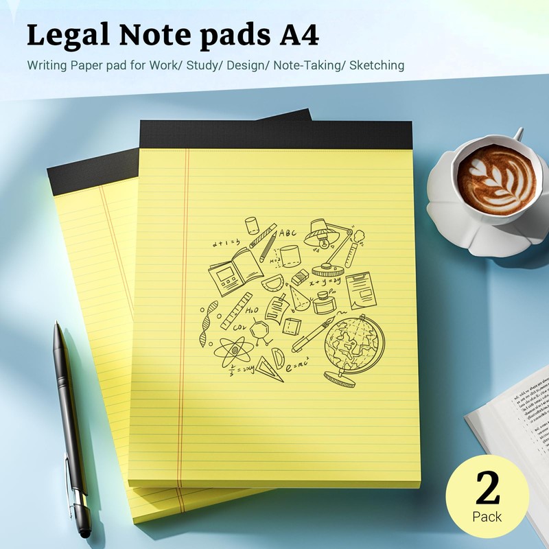 Notepad A4 Legal Pad, 2 Pack Yellow Paper College Ruled