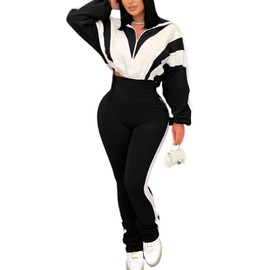 Remelon Womens 2 Piece Sweatsuits Color Block Long Sleeve Zipper Cropped Jacket Legging Pants Set Tracksuit Jogger Outfits
