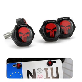 ijuicy 4 PCS Car License Plate Mounting Screws, Long-Toothed Skull Design Alloy License Plate Frame Sealing Screws, Repair Modification Accessories, Suitable for Most Cars Motorcycles (Black & Red)