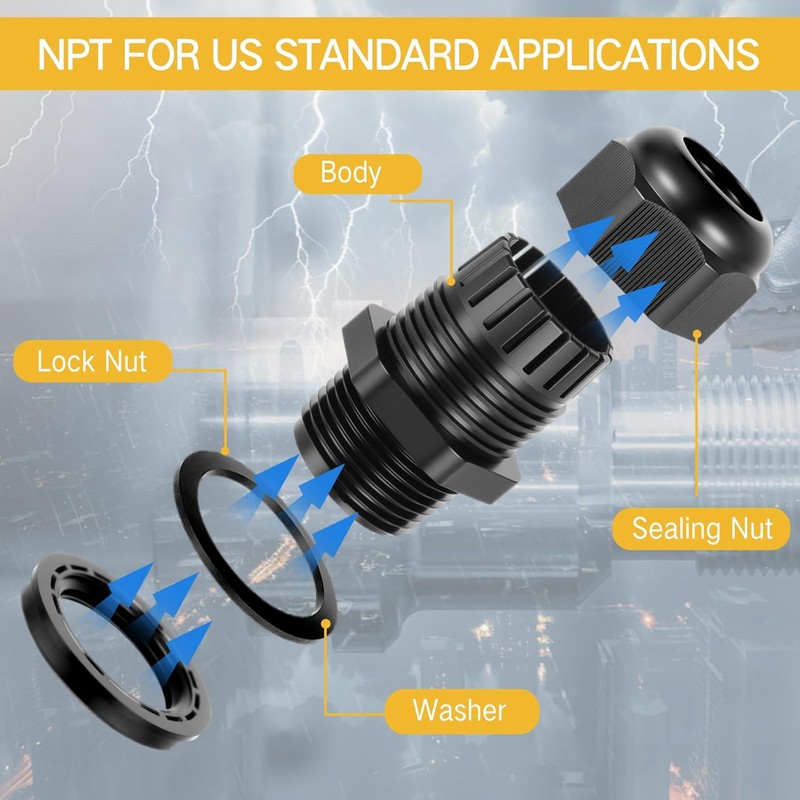 200 Pcs 1/2" NPT Black Nylon Cable Gland, Waterproof IP68