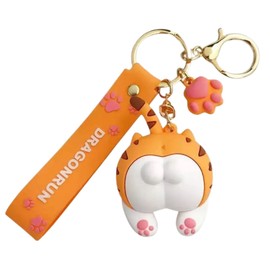 SPEEDYUNI Cat Butt Keychain with Lanyard and Cat Paw Charm, Cat Keychain, Cat-chy Keychain Gift (Orange)