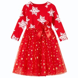 Csbks Toddler Girls Christmas Tutu Dress Long Sleeve Multi-Layers Tulle Party Princess Dress Snowflakes Red 120