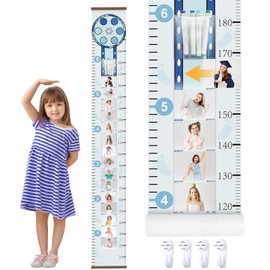 Projector Growth Chart for Kids with Picture Frames, Height Measurement Ruler Milestone Markers, Foldable Kids Height Wall Chart, Birthday Keepsake Gift for Toddler Boy Girl Room Wall Decor (Blue)