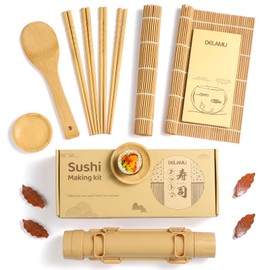Delamu Delamu Sushi Making Kit, [Easy] Sushi Kit for Beginners/Pros Sushi Makers, Practical Bamboo Sushi Mats, Sushi Bazooka, Chopsticks, Guide & More, 11.22*4.65*2.76 inch, burlywood, DLM-SushiMaking-005