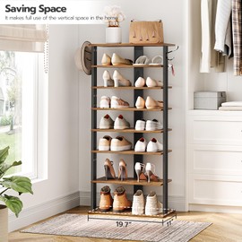 HOOBRO 8 Tiers Vertical Shoe Rack, Wooden Shoe Storage Organizer with Hooks, Narrow Shoe Tower for 16 Pairs, Space Saving, for Entryway, Living Room, Bedroom, Rustic Brown BF750XJ01