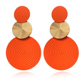 Retro 80s Neon Earrings Round Disc Dangle Drop Earrings for Women Lightweight Bohemia Statement Geometric Round Earring Fashion Accessories 80s Jewelry Costume Party (Gold Orange)