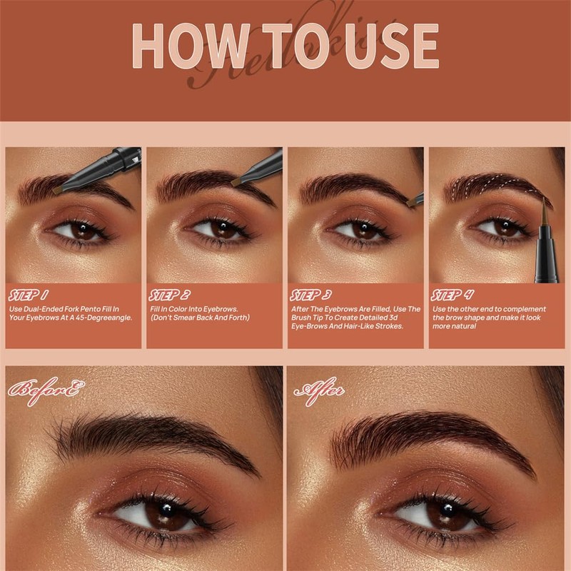 Eyebrow Pen, 2-in-1 Waterproof Eyebrow Pencil with 4 Tip Microblading