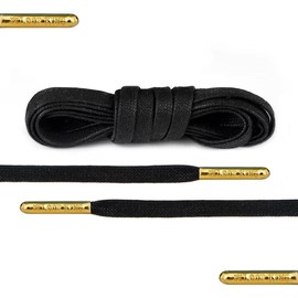Luxury Black Flat Waxed Shoelaces with Gold Metal Tips by Loop King Laces Footwear Comfort - Size: 5-6 Eyelets / 114cm