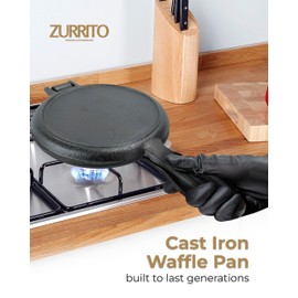 ZURRITO Cast Iron Waffle Maker 7 inch Round Waffles Bundle Set, Stove Top Waffle Maker, Cast Iron Waffle Pan for Camping Grill or Stovetop, Camping Waffle Maker, 4.4 pounds