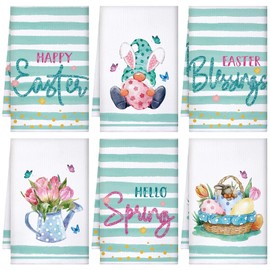 Preboun 6 Pcs Easter Kitchen Towels Bunny Gnome Floral Hello Spring Dish Towels Easter Tea Towels Easter Kitchen Decor Spring Flowers Blessings Dishcloths for Bathroom Home Housewarming Decorations