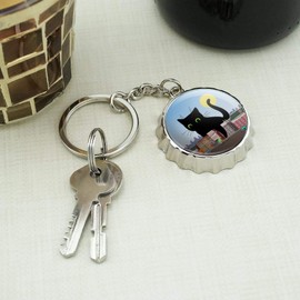 Giant Black Cat Playing with Cars Keychain Chrome Plated Metal Pop Cap Bottle Opener