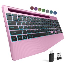 Hamile 2.4G&Bluetooth Wireless Keyboard - Light Up Keyboards with Wrist Rest - 8 Backlit Effects - Slim Rechargeable Silent with Holder for Windows, Mac, Rose Pink