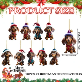 Dachshund Christmas Decoration, Pack of 10 Christmas Tree Decorations, Dachshund, 2D Christmas Pendants, Dachshund Gifts, for Car Ornament Gifts and Home Decorations, Party Supplies