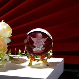 Ornalrist 6cm Crystal Ball Engraved Praying Angel Cherub Wings Holds Heart Statue Figurine Paperweight with Metal Stand, Cherub Angel Baby Memorial Sympathy Gifts for Women Men