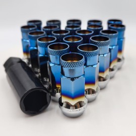 NETFLBT 20pcs Burnt Blue Cold Forged Steel 14mm*1.5 Lug Nuts Extended Tuner Wheel Nuts Modified Nuts Open End Compatible with Various Types of Vehicles.with Socket Key.