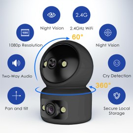 ECO-TH Dual Lens Indoor Pan/Tilt Pet Smart Security Camera, 1080p HD Dog Camera with Speaker,2.4GHz Night Vision,Motion Detection Indoor Security Camera for Pet Monitor, Cloud & SD Card Storage.