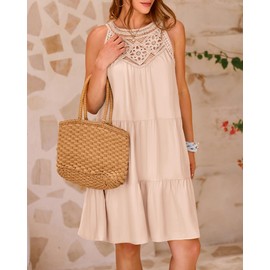 BTFBM Women Summer Halter Dresses Casual Spring 2025 Sleeveless A-Line Tiered Swing Mini Dress Beach Vacation Sundress(Apricot, X-Large)