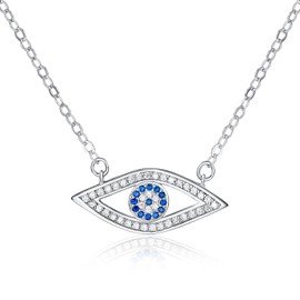 GTN2400 S925 Sterling Silver With CZ Stones (Simulated Diamonds) And Simulated Sapphire Evil-Eye Necklace on 18'' S925 Silver Chain Rhodium Plated. Includes Holiday Fancy Suede Red Gift Box.