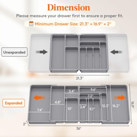 Lifewit Large Silverware Drawer Organizer, Plastic Cooking Utensil Tray for Kitchen, Expandable From 21 to 36 Inches, Adjustable Flatware Cutlery Spoon Fork Knife Spatula Gadgets Holder, Gray