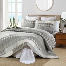 PANGUSHAN Quilt Set King Size,100% Cotton Quilt Bedspread Bedding Set,Grey(Gray)/Cream/Khaki Patchwork Plaid Farmhouse Rustic Reversible Lightweight Comforter Bed Cover King Bed,All Season,3 Pieces