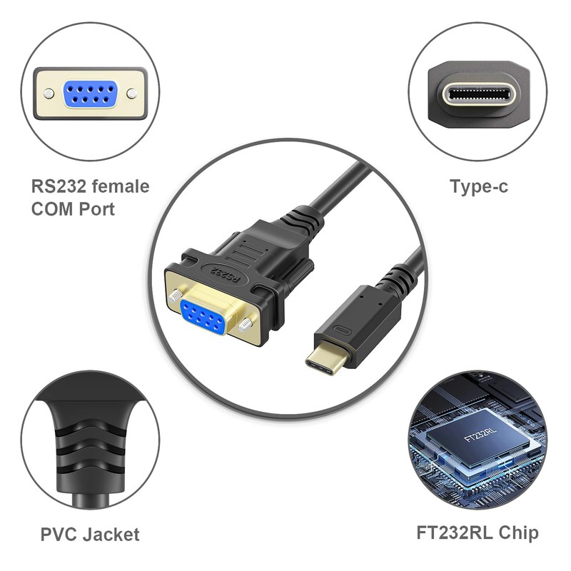 USB-C to Serial Adapter, 6FT RS232 DB9 Female Converter Cable,