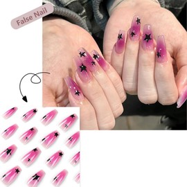 Press On False Nails Long - Pink Star Coffin False Nails - 24pcs Long Stick On Nails - 12 Sizes Fake Nails With Glue - Reusable Premium French Tip False Nails Nail Art for Women