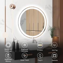 WOSEKBATHAL LED Bathroom Mirror 24X24 Inches Round Vanity Bathroom Mirror for Wall-Mounted with Lights Anti-Fog & 3 Colors Stepless Dimmable Backlit Lit