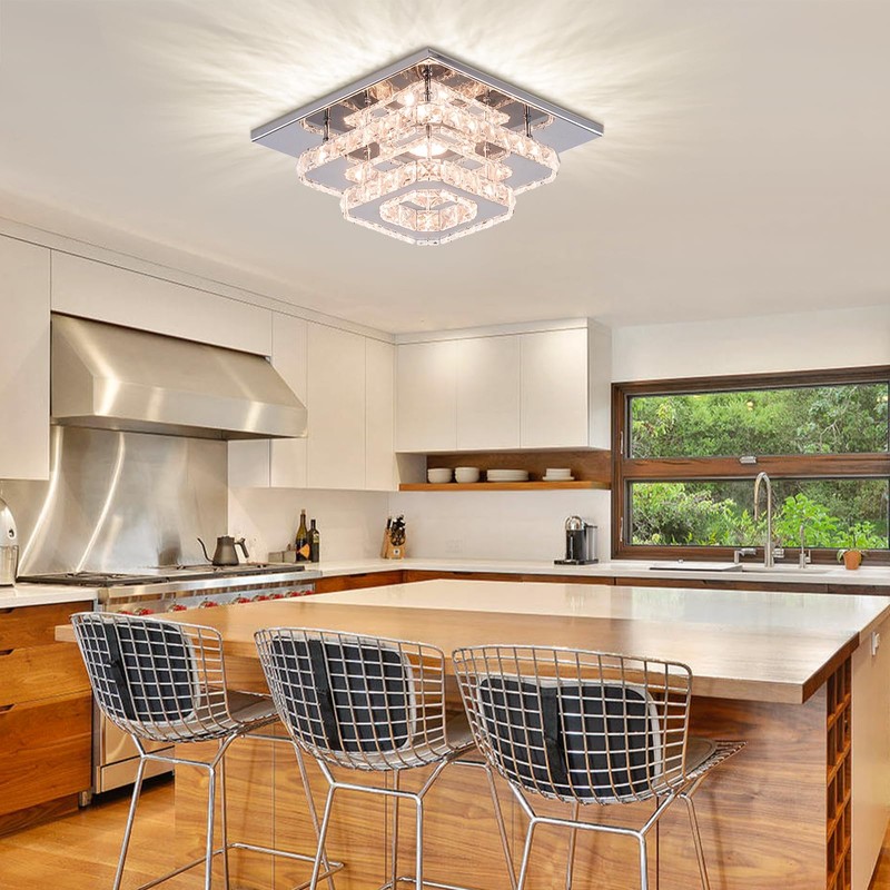 FRIXCHUR Dimmable Crystal Chandelier Ceiling Light with Remote Square Led