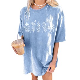 Remidoo Women's Casual Oversized Tshirt Short Sleeve Graphic Tee Flower Loose Shirts Blue Pattern Large