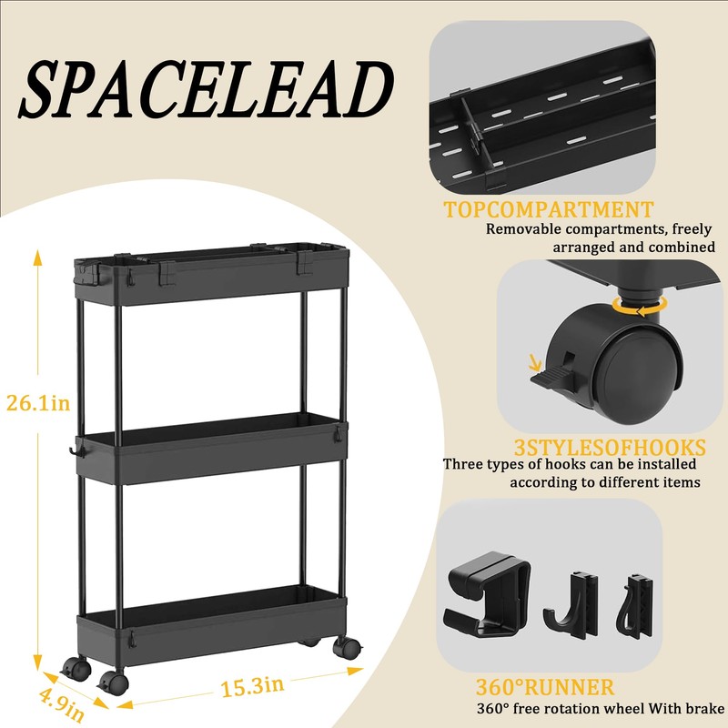 SPACELEAD Slim Storage Cart 3 Tier,Bathroom Organizer Rolling Utility,Mobile Shelving