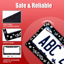 Black White Butterfly License Plate Frame Cute Flowers Floral License Plate Holder for Front and Rear Colorful License Plate Stainless Steel Auto Parts Decoration with Screws 12 x 6 Inch Men Women