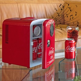 Coca-Cola Bluetooth Speaker Mini Fridge 4L 6 Can Portable Cooler Warmer Personal Travel Refrigerator for bedroom skincare room car Office makeup Cosmetics beverage Snacks Drinks Music Desk Home Red