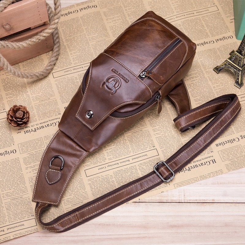 Men Leather Sling Bag Casual Shoulder Chest Crossbody Bag Hiking