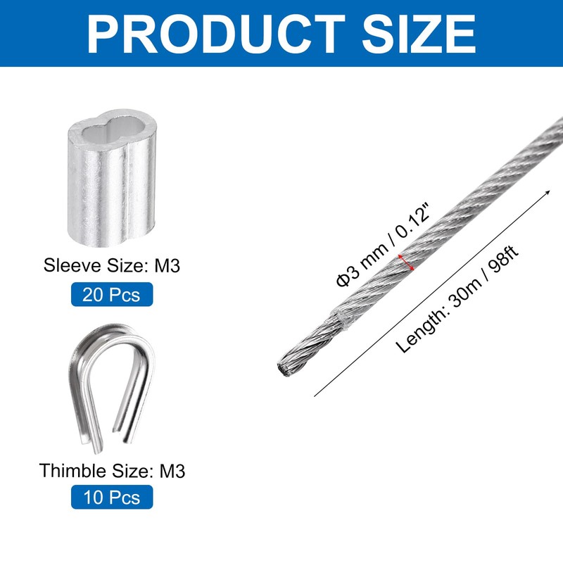 sourcing map 98FT Stainless Steel Cable Railing Kit, 1/8" Silver