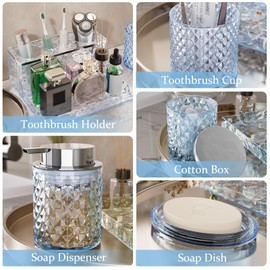 Glass Bathroom Accessories Set 5Pcs Crystal - Blue Foaming Soap Dispenser, Soap Dish, Cup, Acrylic Toothbrush Holder with Tray Organizer, Qtip Jar, Bathroom Counter Set Sink Decor