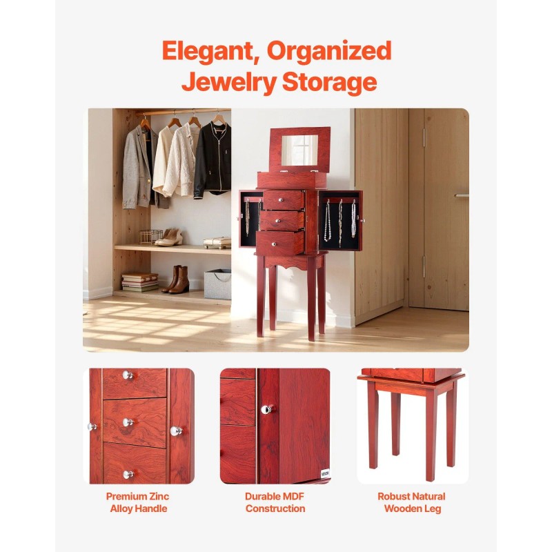 Standing Jewelry Armoire with 3 Drawers Mirror Wood Storage Cabinet