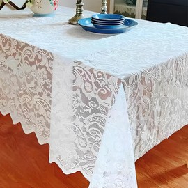 QSLKI Lace Tablecloth, Floral Tablecloth White Rectangle Tablecloth with Elegant Floral Patterns, Table Cloth Polyester Lace, Lace Party Tablecloth Vintage Wedding Table Cloths Garden, 220 x 140 cm