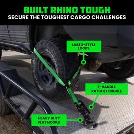 Rhino USA Car Tie Down Straps for Trailers with Flat Hooks (4-Pack) - 2 Inch x 8 Feet (10,000lb Break Strength) - Heavy Duty T-Handle Car Hauler Tire Straps for Trailer & UTV with Lasso Straps - Green