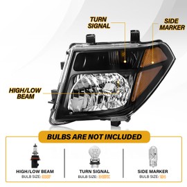 Headlight Assembly Compatible with Nissan 2005-2008 Frontier / 2005-2007 Pathfinder, Halogen Headlamp Replacements Pair Set for 26060EA525 26010EA525, w/o Bulb, Black Housing Yellow Corner