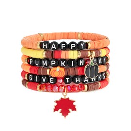 Thanksgiving Gifts fall Beaded Bracelets for Women Harvest Pumpkin Maple Turkey Stackable Colorful Boho Heishi Clay Stretch Elastic Layering Friendship Holiday Celebration Bracelets Jewelry