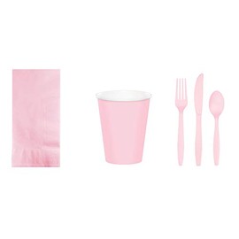 Baxters Party Bundles Bulk, Classic Pink, 50 Count Paper Dinner Napkins, 48 Count 9 Ounce Paper Hot/Cold Cups, Heavyweight Plastic Cutlery for 48 People, Box of 242