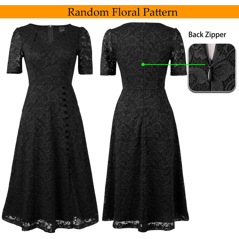 VFSHOW Womens Black Floral Lace Pockets Notch V Neck Buttons
